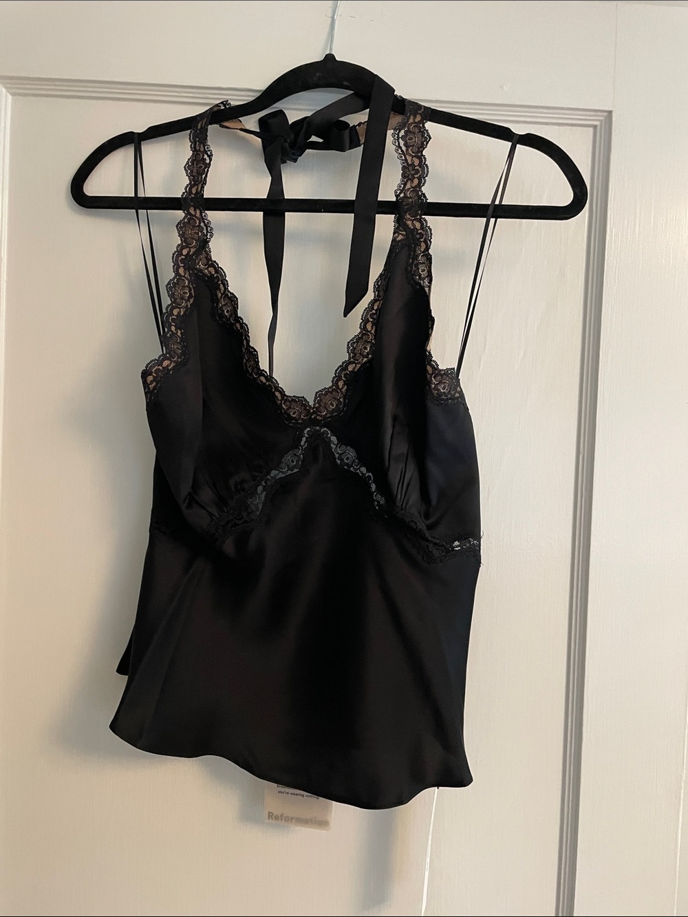 Reformation Black Satin Lace-Trim Cami